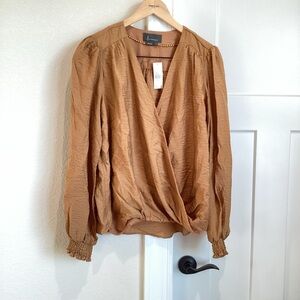 Anthropologie Dressy Long-Sleeve Wrap Blouse Large Brown NEW